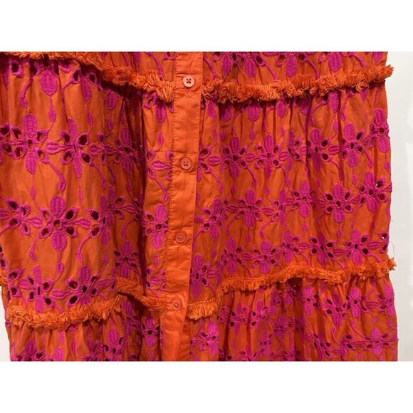 J Crew Sundress Sz 6 Tiered Eyelet Button Front   Orange Purple Spaghetti Straps - Picture 8 of 16
